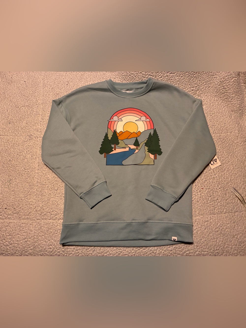 Liv Outdoor Sage Green Crewneck with Sunset Landscape Graphic, size small, nwt